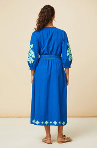 Cotton Blue Dress with Green Design