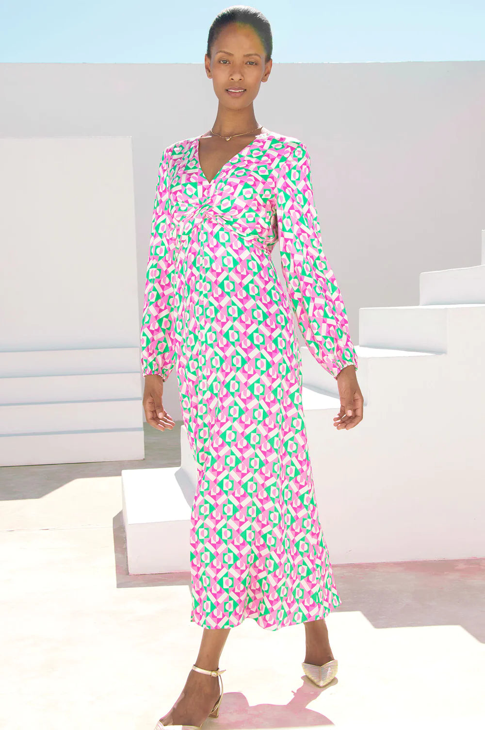 Green and Pink Patterned Silk Dress